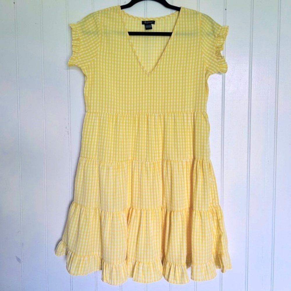 Yellow gingham tiered ruffle summer dress